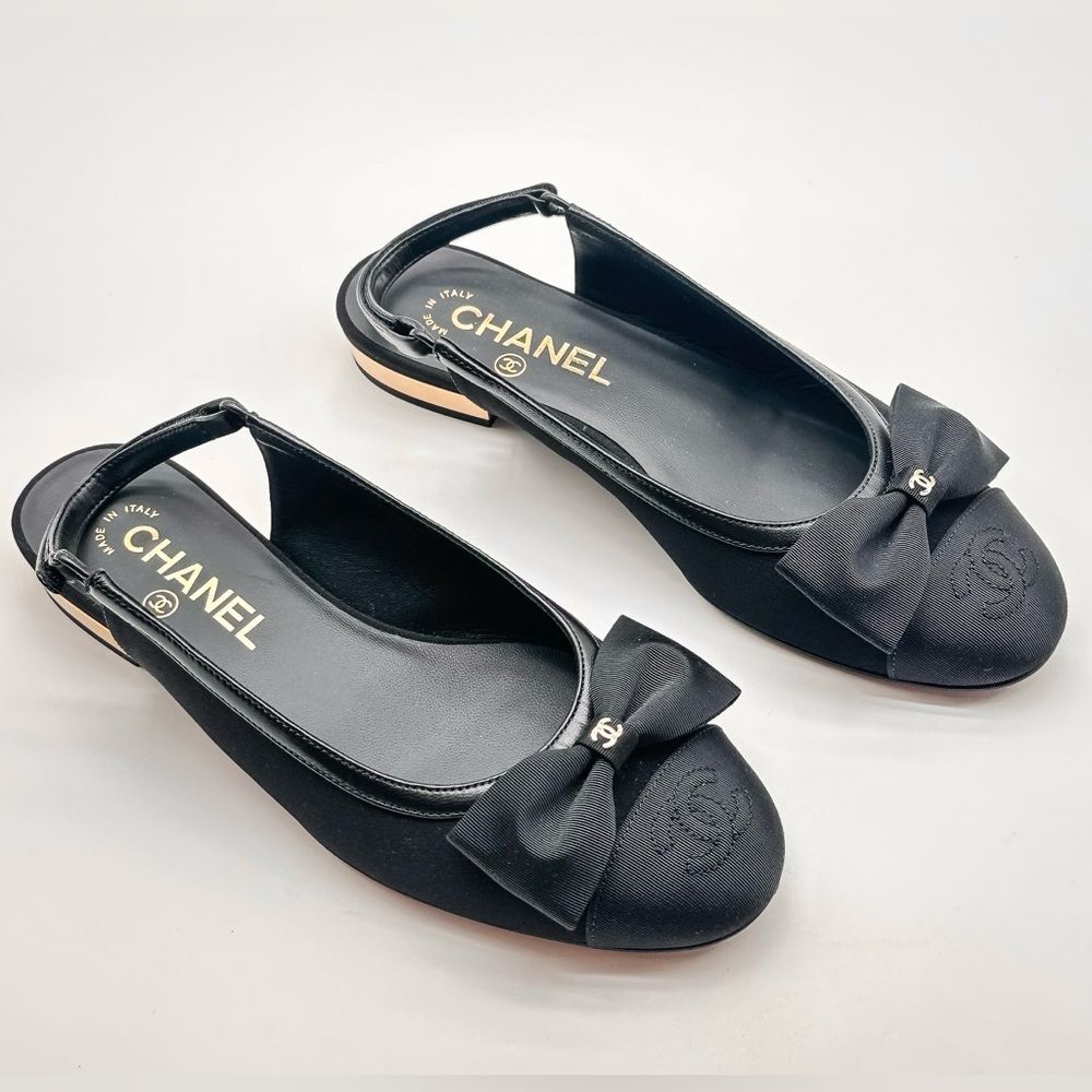 Chanel 2024 CC Logo Black Bow Grosgrain Slingback Ballerina Flats EU 37 - Picture 11 of 15